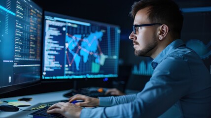 A focused individual analyzes data on multiple screens in a dimly lit room, showcasing modern technology and a world map on display.