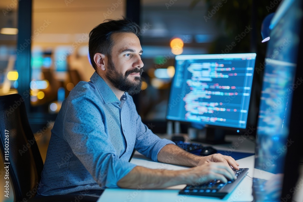 Poster a focused man at a computer coding in a dimly lit office, illuminated by the screen's glow, showcasi