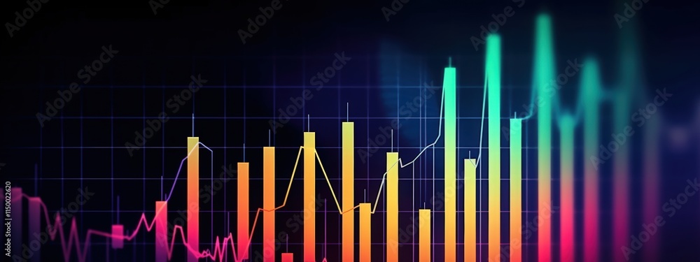 Poster abstract financial graph with colorful upward trend bars and lines, digital data visualization for b
