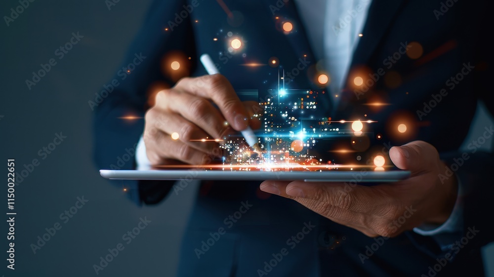 Poster a professional man uses a digital tablet, creating glowing graphics that symbolize innovation and te