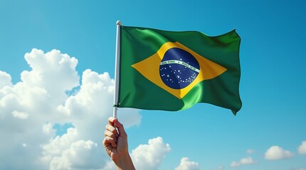 Hand holding Brazil national flag on blue sky. Happy Independence Day, Labor Day, Proclamation of the Republic. Background with copy space for greeting card, banner, poster
