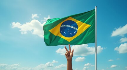 Hand holding Brazil national flag on blue sky. Happy Independence Day, Labor Day, Proclamation of the Republic. Background with copy space for greeting card, banner, poster
