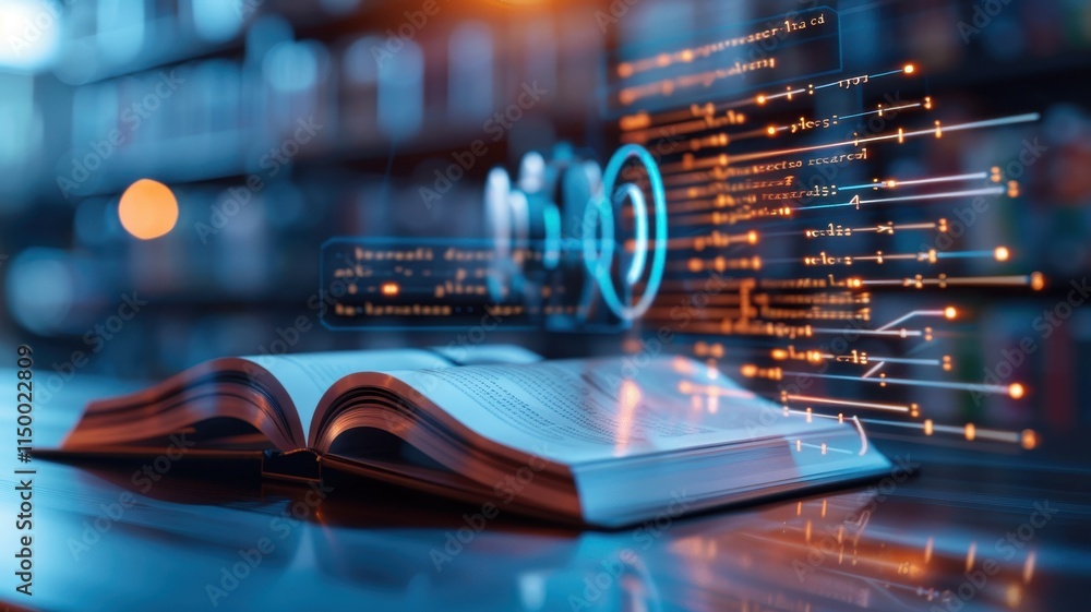 Aufkleber a glowing book open in a library, surrounded by digital icons and lights, symbolizing the fusion of 