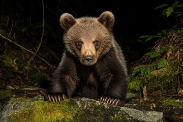 Fototapeta premium Young brown bear cub stares intently from a mossy rock at night in a dark forest.