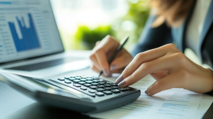 Fototapeta premium Close-up of businesswoman's hands using calculator and pen on financial documents.