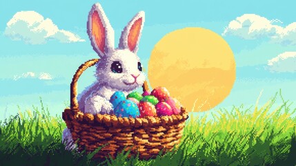A cute 16-bit bunny with a basket full of colorful Easter eggs under a pixelated sun.
