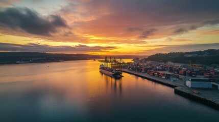 Vibrant sunset over a busy container port with a large cargo ship docked.