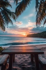A wooden table with a view of the tropical beach at sunset, surrounded by palm trees and waves in an exotic location. 