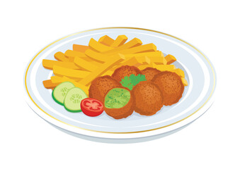 Falafel and french fries on a plate vector illustration. Falafel and french fries icon vector isolated on a white background. Middle eastern deep fried chickpea balls drawing
