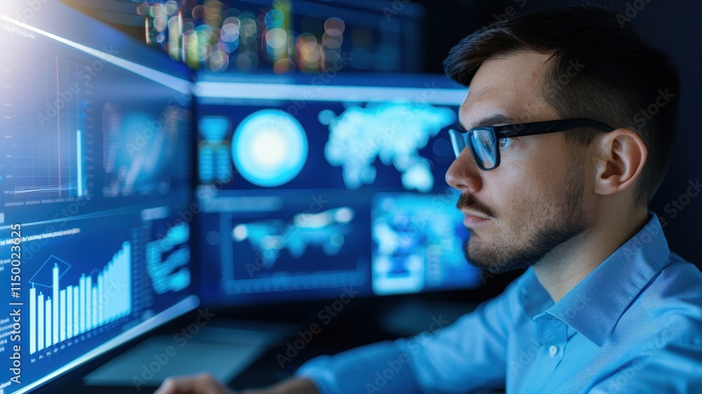 Poster a focused individual analyzes data on multiple screens in a dark environment, showcasing a modern wo