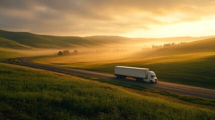 White semi-truck driving on a scenic road during sunrise.