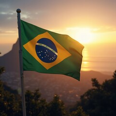 Brazil national flag flying against beautiful landscape on sunset. Happy Independence Day, Labor Day, Proclamation of the Republic. Celebrating national Brazilian holiday, festival. Travel and tourism