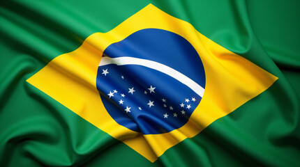 Closeup of Brazil national flag flying on the wind. Happy Independence Day, Labor Day, Proclamation of the Republic. Celebrating national Brazilian holiday or festival. Travel and tourism concept