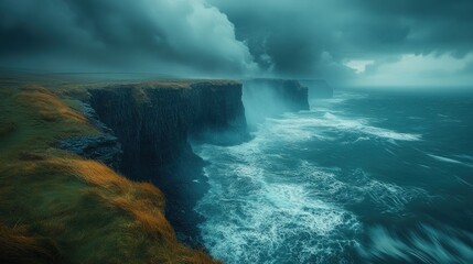 Fototapeta premium Stormy ocean crashing against dramatic cliffs.
