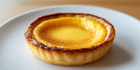 A simple egg custard tart with a smooth golden surface, positioned on a white plate for a clean aesthetic