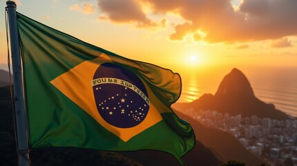 Brazil national flag flying against beautiful landscape on sunset. Happy Independence Day, Labor Day, Proclamation of the Republic. Celebrating national Brazilian holiday, festival. Travel and tourism