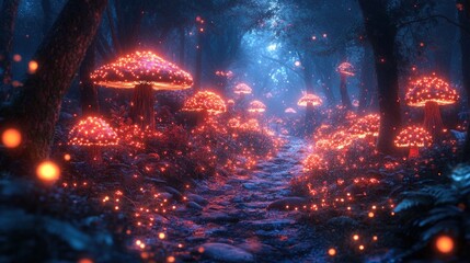 Glowing mushrooms illuminate a mystical forest path.