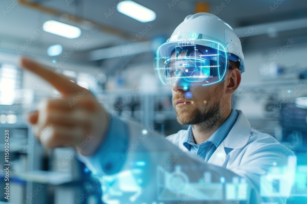 Poster a scientist in a lab wears augmented reality glasses, interacting with digital projections and advan