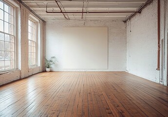 Fototapeta premium Photo of an empty, large room with white brick walls and wooden floors. 