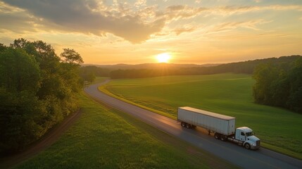 Semi-truck driving on a scenic country road during sunset.
