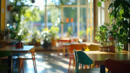 Sunny cafe interior with colorful chairs and plants.