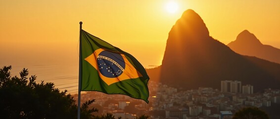 Brazil national flag flying against beautiful landscape on sunset. Happy Independence Day, Labor Day, Proclamation of the Republic. Celebrating national Brazilian holiday, festival. Travel and tourism