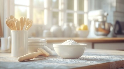 Flour, utensils, and kitchenware on a sunlit counter.