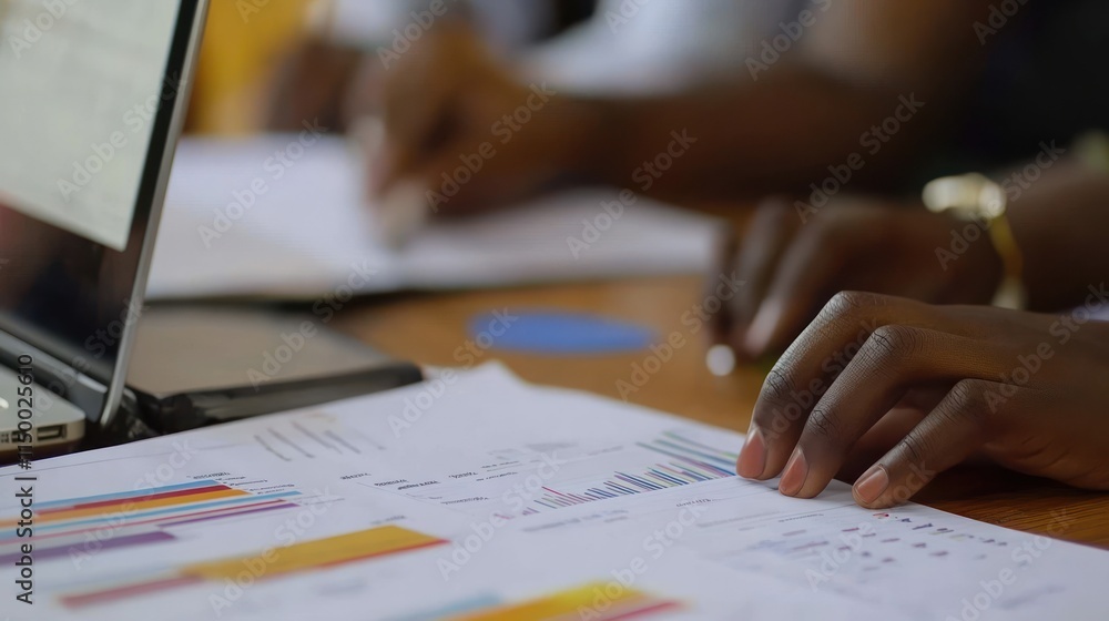 Poster close-up of hands reviewing financial data charts and graphs on a table with a laptop in the backgro