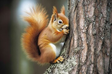 Fototapeta premium Cute red squirrel eating on a tree trunk in the forest