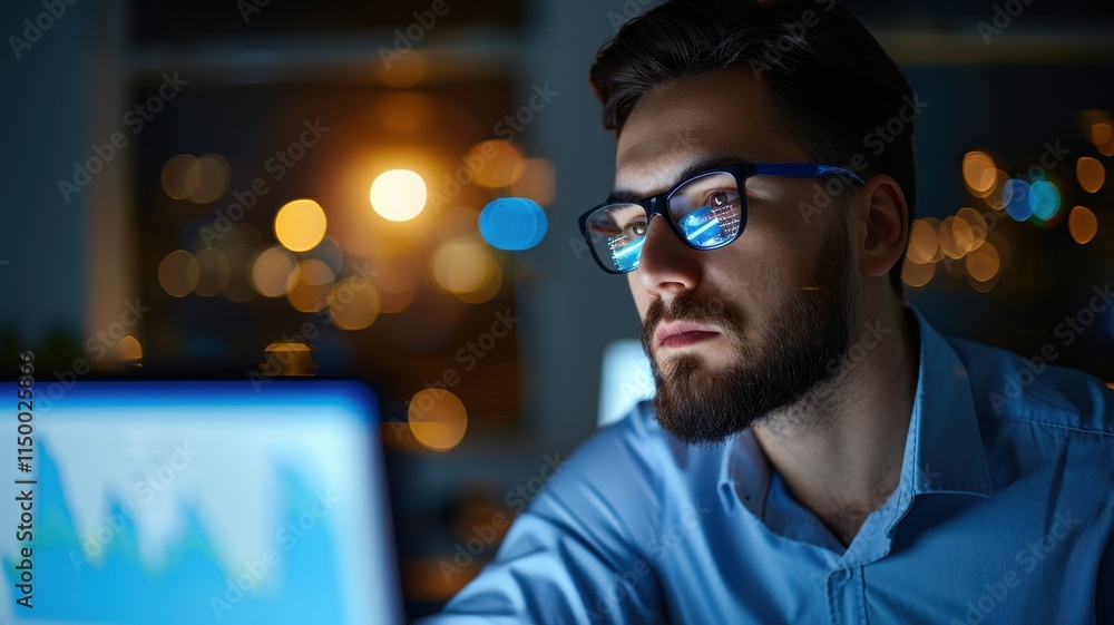 Poster a focused man in glasses analyzes data on a computer screen at night, surrounded by a softly lit urb