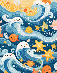 Obraz premium Friendly Ocean Wave Pattern for Kids with Cartoon Sea Creatures