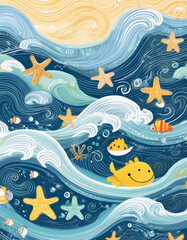 Friendly Ocean Wave Pattern for Kids with Cartoon Sea Creatures