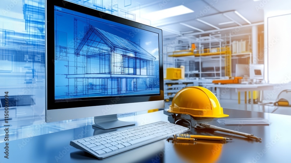 Poster architectural design software house blueprint on computer