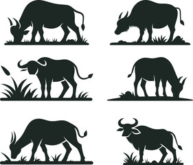 Silhouette illustration of grazing buffalo and oxen in different poses