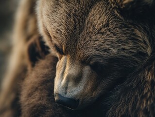 Obraz premium Close-up of a brown bear's face, showing its fur and features.
