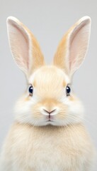 Obraz premium A close-up of a cute, light-colored rabbit with large ears and expressive eyes.