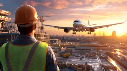 Engineer Watching Airplane Landing at Sunset