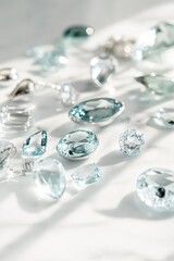 Sparkling aquamarine gemstones and jewelry on white surface.
