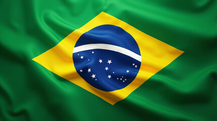 Closeup of Brazil national flag flying on the wind. Happy Independence Day, Labor Day, Proclamation of the Republic. Celebrating national Brazilian holiday or festival. Travel and tourism concept