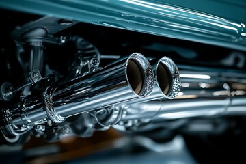 Close-up of polished chrome dual exhaust pipes on a vintage car.