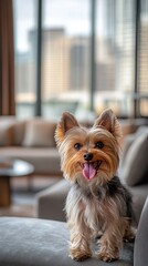 Happy Yorkshire Terrier puppy sitting on a couch in a modern apartment.