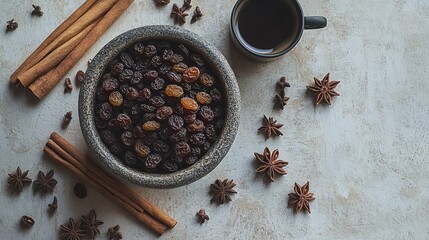 Bowl of raisins with cinnamon sticks, star anise, and cloves; coffee cup.