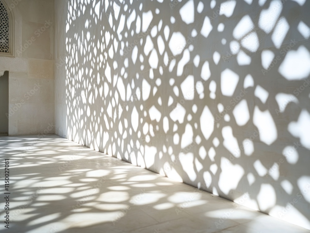 Aufkleber intricate shadow patterns cast on a light-colored wall and floor from a perforated screen.