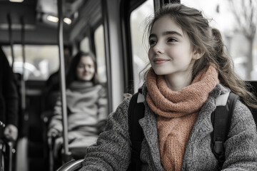 Girl traveler with reduced mobility who have use wheelchair, she fastened with safety belt in bus.