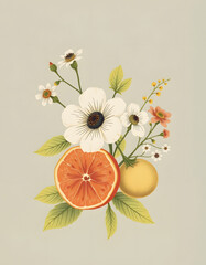 Obraz premium Fruit and flower vintage set hand-drawn illustration, minimalism, with white tones