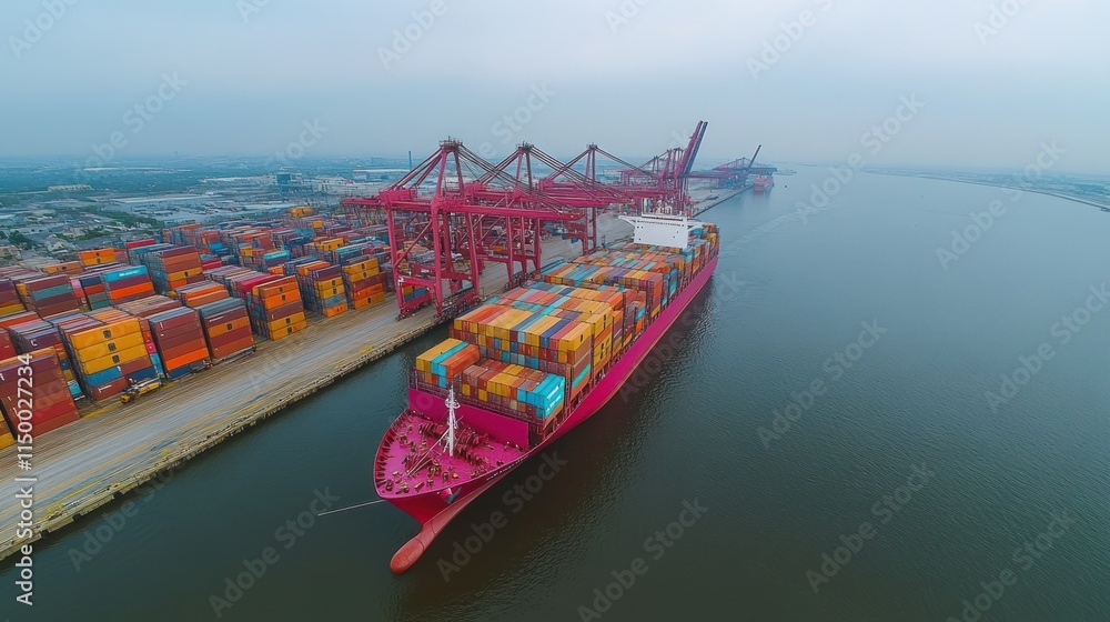 Poster aerial view of a large container ship at a busy port, docked and being loaded or unloaded with color