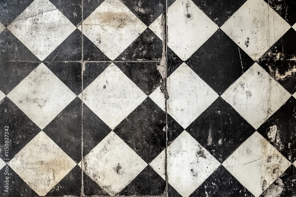 Poster checkerboard linoleum floor texture in worn black and white pattern showcasing vintage charm and rus