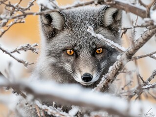 Obraz premium Arctic fox peering through snow-covered branches.