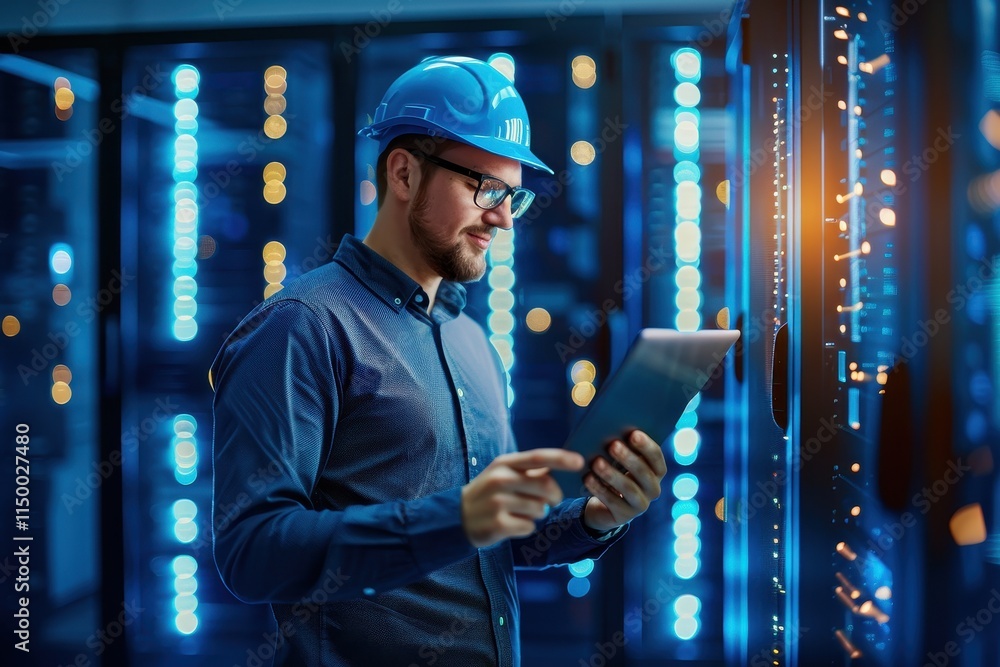Poster a technician in a blue hard hat uses a tablet while standing in a server room filled with illuminate