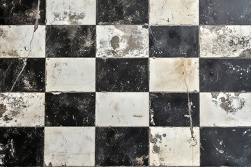 Checkerboard linoleum floor texture showcasing black and white tiles in worn condition
